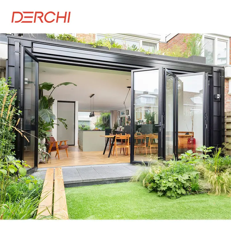 DERCHI Exterior a prueba de viento de aluminio plegable puertas de vidrio Patio con mosquitera