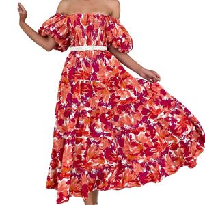 Custom OEM Women's Summer Casual <b>Dresses</b> 2025 Spring Summer Puff Sleeve Square Neck A-line Flowy Boho Floral Smocked Midi <b>Dress</b> - Product Image 2