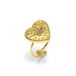 Anello Aperto Regolabile in Acciaio Inossidabile con Cuore <span class=keywords><strong>Martellato</strong></span> e Stella di Cristallo, Gioielli di Moda per Donne - Product Image 4