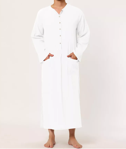 Camicia da Notte da <span class=keywords><strong>Uomo</strong></span> in Cotone Bianco a Maniche Lunghe con Bottoni Frontali, Vestaglia Henley Vestibilità Ampia con Tasche e Spacchetti Laterali, Pigiama da <span class=keywords><strong>Uomo</strong></span> - Product Image 2