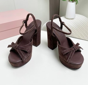 Lady's pink <b>bow</b> platform high-heeled <b>sandals</b>, suede ankle strap platform square-heeled <b>sandals</b>, suitable for social gatherings - Product Image 3