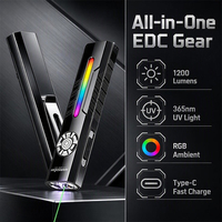 Lampe torche EDC 1200LM rechargeable USB-C avec laser vert, lumière latérale UV365 RGB, bouton poussoir Hall, magnétique, IP33, faisceau 200-300M