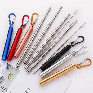 Paille à boire pliable promotionnelle en acier inoxydable réutilisable avec étui porte-clés, télescopique et portable - Product Image 1
