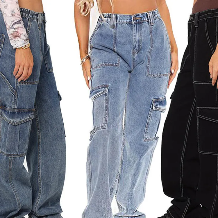 2023 pantaloni Casual a vita alta classici tascabili pantaloni a gamba larga Denim Jeans donna Jeans larghi Boyfriend pantaloni Cargo Jeans donna