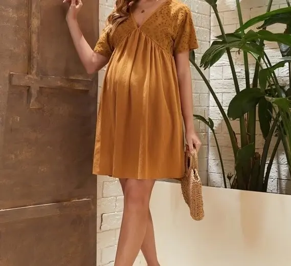 New Fashion High Quality Ever-Pretty Maternity Solid Eyelet Embroidery Flared Hem Dress For Pregnant Ladies