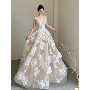 Strapless Lace Ball Gown Wedding Dress Floral Embroidered Organza Tulle Natural Waistline Bridal Reception Dress - Product Image 1