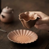 Tasse et soucoupe à thé en grès rustique, forme fleur, 60 ml, non émaillées, en argile à gros grains, faites à la main