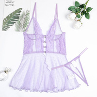 JENGS Set Lingerie seksi dua potong, tali selempang rumah motif Polka Dot perspektif jaring renda kristal bordir kancing lubang cahaya