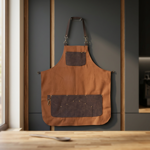 Classic Bib <b>Apron</b> Canvas Brown With Multiple Pockets For Daily Cooking Use - Product Image 4