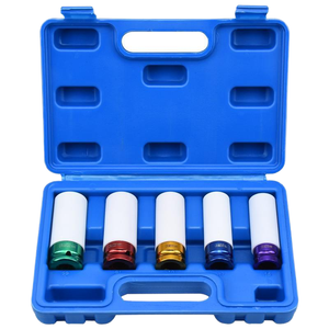 Bộ dụng cụ cờ lê CR-V <span class=keywords><strong>5</strong></span> món, đầu <span class=keywords><strong>1</strong></span>/2 <span class=keywords><strong>inch</strong></span>, hợp kim, thành mỏng, bảo vệ ốc bánh xe, bộ cờ lê tác động, dụng cụ cầm tay, cờ lê sâu - Product Image 1