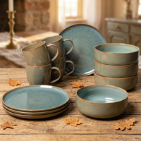 Service de table en céramique EKA Vintage Vert de haute qualité, 16 pièces, assiettes et bols, en grès, vente en gros