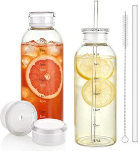 Bouteille d'eau en verre avec paille, 300-1000 ml, couvercle à vis, design minimaliste transparent, pour les voyages, adultes - Product Image 2