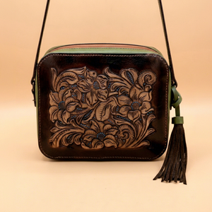 Sac à bandoulière mini pour femme en cuir véritable fait main, orné de motifs floraux gravés, avec protection RFID antivol - Product Image 1