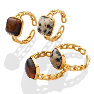 Women Vintage Square Natural Big Tiger Eye Stone Inlaid Waterproof Stainless Steel Gold Cuban Chain Open Finger Ring Jewellery