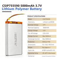 Batterie LiPo polymère OEM 755590 3,7 V 5000 mAh, cellule Li-ion polymère, batterie Lipo 5 Ah 3,7 volts pour batterie externe