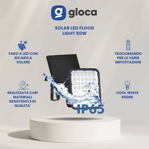 Reflector LED Solar para Exteriores Gloca de 50W con Panel y Control Remoto, Cuerpo de Plástico de Montaje Superficial, Garantía de 3 Años - Product Image 2