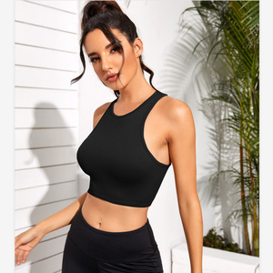 Brassière de sport côtelée en nylon pour femme, coupe ajustée, séchage rapide, respirante, pour fitness, yoga, gym, course à pied et entraînement, avec taille élastique - Product Image 1