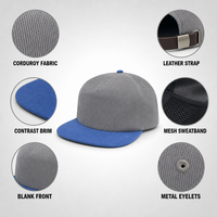 Casquette de baseball en velours côtelé bicolore gris-bleu à visière plate, casquette snapback vierge, vente en gros, unisexe, personnalisable avec logo pour homme