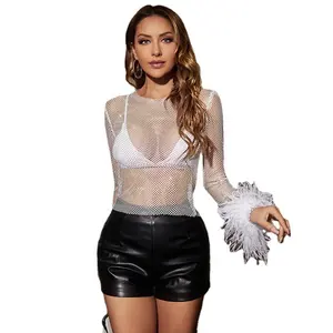 New see through summer tops long sleeve mesh top rhinestone fishnet feather crop top shirt with glitter for women