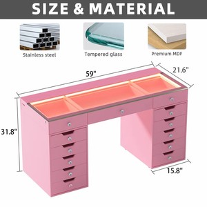 Oem Grand ensemble de coiffeuse de maquillage moderne à 13 tiroirs en bois rose, verre à lumière <span class=keywords><strong>LED</strong></span>, coiffeuse avec chargement <span class=keywords><strong>sans</strong></span> <span class=keywords><strong>fil</strong></span> Bluetooth - Product Image 4