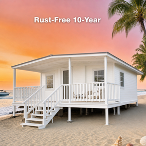 Casa Prefabricada de Playa de 20 pies, de Una Planta, Resistente a la Oxidación, Estilo Costero, con Terraza de <span class=keywords><strong>Madera</strong></span>, Techo a Dos Aguas, Barandilla, Revestimiento Blanco, para la Orilla del Mar - Product Image 1