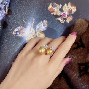 Bague en argent pur S925 avec double perle naturelle dorée, 8-12 mm, ronde, sans défaut, design élégant, sertie - Product Image 1