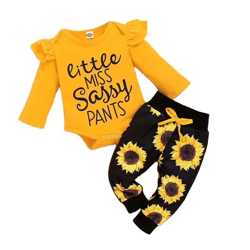 2022 Trendy Infant Toddler Girls Little Miss Sassy Pant Letter Ruffled Romper Floral Long Pants Fall Girl'S Outfit SZDG-073