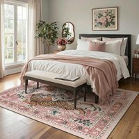 Rosa Botanischer Vintage Orientalischer Boho Tiger-Print Waschbarer Rutschfester Niedrigfloriger Teppich für Wohnzimmer Schlafzimmer Studentenwohnheim Heimdekoration
