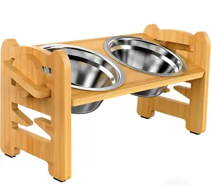 Bamboo Adjustable Raised Dog Bowl Stand Pet Feeder for Dogs and Cats Dog Food Bowl Stand