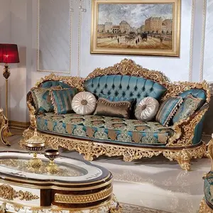 Baroque Full Gold Leaf And Luxury High End Silk Fabric Royal Villa Living Room Arm Chair and Sofa