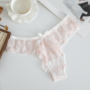 Tanga de encaje floral con volantes para mujer, con lazo en contraste, malla transparente, cintura baja, sexy, lencería íntima para mujer, OEM - Product Image 3