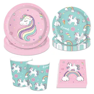 MM035 Set Piring Kertas Sekali Pakai Pesta Unicorn dan Serbet untuk Dekorasi Pesta Ulang Tahun Anak-anak