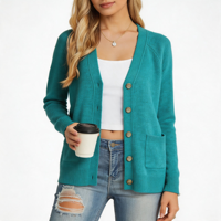Cardigan en tricot pour femme, col en V, manches raglan, couleur unie turquoise, boutons métalliques vintage, poches latérales plaquées, coupe ample