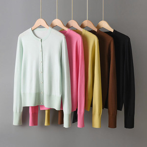 Suéter cárdigan de Color sólido de un solo pecho con cuello redondo de lana merina fina 100% para <span class=keywords><strong>mujer</strong></span> - Product Image 6