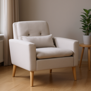 Fauteuil d'appoint moderne en tissu beige avec dossier capitonné et pieds en bois d'hévéa naturel pour salon - Product Image 2