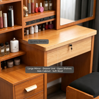 Table de maquillage et de toilette personnalisée en MDF avec miroir éclairé, unité de rangement à tiroirs, étagères ouvertes, armoire latérale et tabouret à coussin moelleux