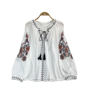 spring 2023 women s clothing Western Trending Boho Clothing Embroidered Ladies Blouses & Shirts V Neck Tops For Women