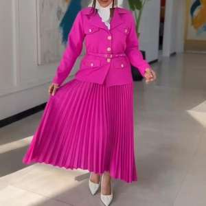 Setelan Wanita 2 Potong: Atasan Jas Berkerah dengan Pinggang Berlipit dan Rok Panjang Berlipit Warna Solid Sehe Fashion - Product Image 2