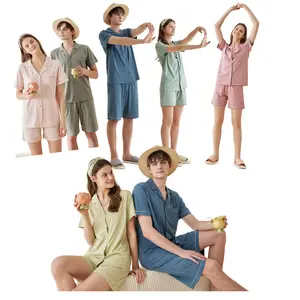 Super Soft High Quality Women Sleepwear Short Sleeve Modal Cotton Pajamas Set For Couple