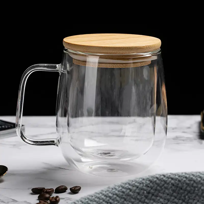 Custom Water Drinking Borosilicate Clear Tea Cup Coffee Mug Double Walled Glass Coffee Mugs with Bamboo Lid and Handle