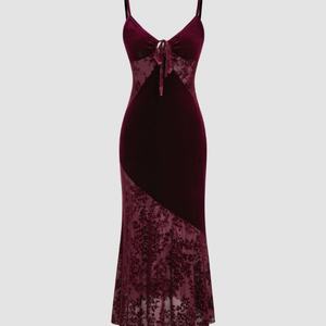 Robe vintage en velours, col en V, bretelles, midi, élégante pour femme - Product Image 4