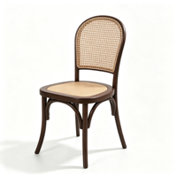 Chaise de salle à manger en bois massif de caoutchouc de style mid-century, chaise d'appoint simple avec dossier en rotin, chaise d'appoint vintage française pour la salle à manger à domicile