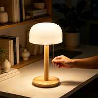 Lampe de table rechargeable en bambou, 3 températures de couleur, LED, lampe de bureau champignon, interrupteur à cordon, USB Type-C, abat-jour en PE, lampe de chambre
