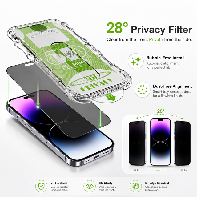 Business 28° Anti-Spy Privacy Tempered Glass Screen Protector One-Click Dust Removal Easy Install Confidential for iPhone 11-18