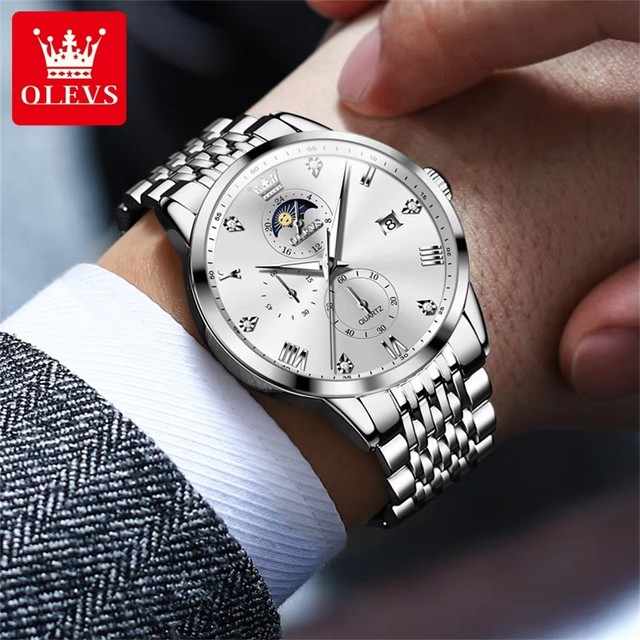 OLEVS Top Brand Men's Watch Fashion Multifunction Quartz Watches for Man Stainless Steel Waterproof Moon Phase Chronograph Watch