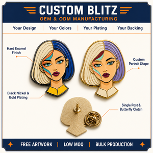 Ensemble de broches personnalisées en émail dur avec portrait féminin, finition nickel noir et plaqué or - Product Image 3