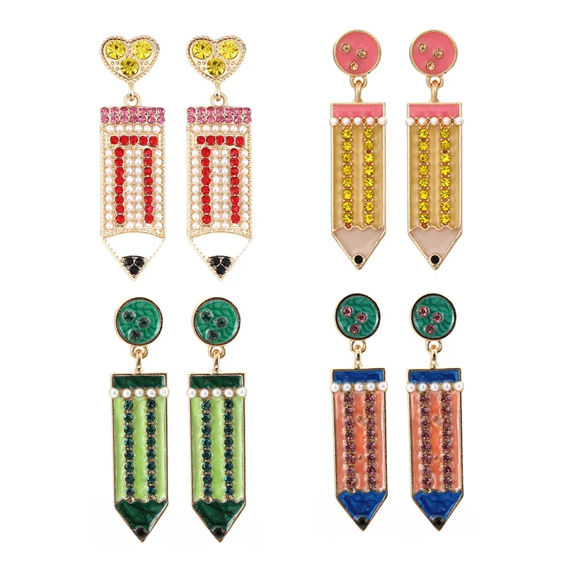 Anting-Anting Guru Pelajar Lucu Pensil Stud Earrings Kembali Ke Sekolah Berlian Imitasi Enamel Lucu Drop Menjuntai Anting-Anting Guru