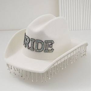 Adult Beads Tassel Cowboy <strong>Cowgirl</strong> <strong>Hat</strong> Letter <strong>Bride</strong> European American Jazz White Felt Fringed <strong>Hat</strong> - Product Image 5