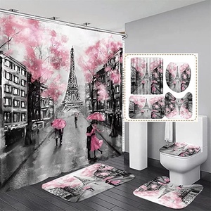 Nouveau San Valentine Love Tree Rose 4Pcs <span class=keywords><strong>Paris</strong></span> Tour Eiffel Ensembles de rideaux de douche avec tapis antidérapants - Product Image 1