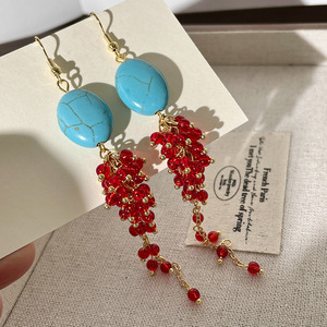 Pendientes Colgantes Vintage con Turquesa y Borlas de Cuentas Rojas, Joyería de Fiesta para Mujer, Chapados en Oro, Aleación de Zinc, Moda - Product Image 2